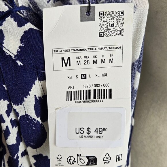 Zara Size Medium Blue White Ikat Print Dress Long Sleeve Ruffle Bottom Tier NWT - Picture 12 of 15